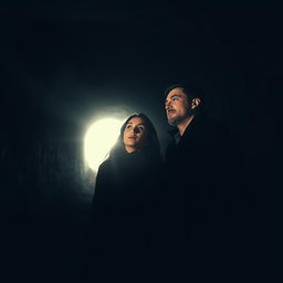 A couple in a dark, moody tunnel, intently searching for a beam of light to guide them
