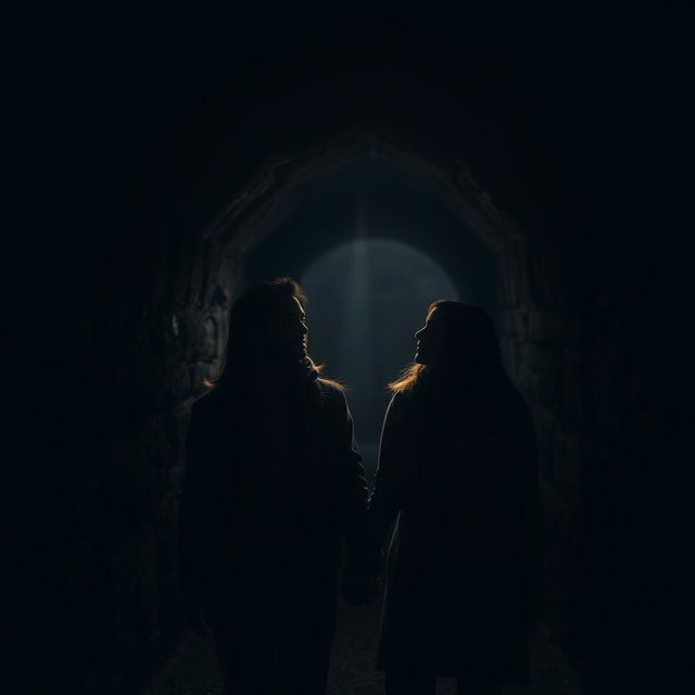 A couple in a dark, moody tunnel, intently searching for a beam of light to guide them