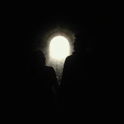A couple in a dark, moody tunnel, intently searching for a beam of light to guide them
