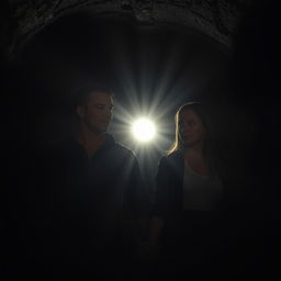 A couple in a dark, moody tunnel, intently searching for a beam of light to guide them