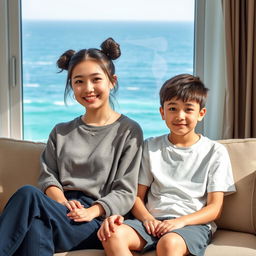 A beautiful Japanese woman, 20 years old, with messy buns hairstyle, sitting on a sofa with her 15-year-old younger brother
