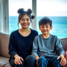 A beautiful Japanese woman, 20 years old, with messy buns hairstyle, sitting on a sofa with her 15-year-old younger brother