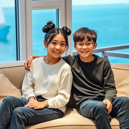 A beautiful Japanese woman, 20 years old, with messy buns hairstyle, sitting on a sofa with her 15-year-old younger brother