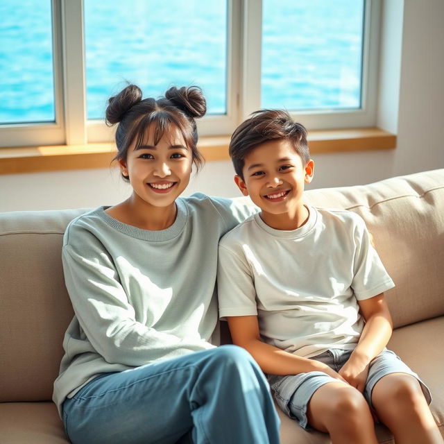 A beautiful Japanese woman, 20 years old, with messy buns hairstyle, sitting on a sofa with her 15-year-old younger brother