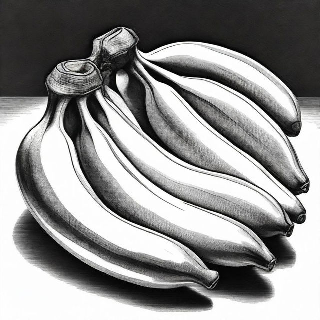 A highest-quality ballpoint pen drawing, presenting a fresh take on a bunch of bananas