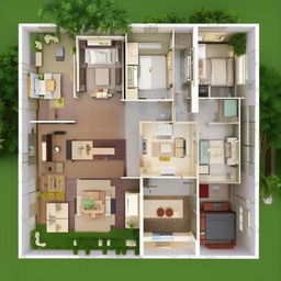 A detailed layout of a 30x35 3 BHK(dining, living and kitchen along with three bedrooms) home design, with an aesthetically pleasing and functional interior design.