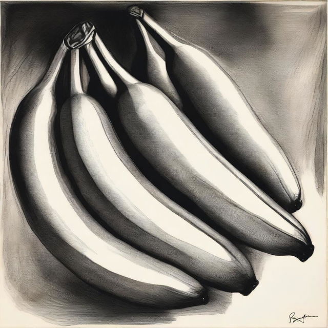 A captivating, highest-quality charcoal drawing that depicts a bunch of bananas