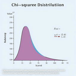 A detailed illustration of a chi-squared distribution curve, showcasing the bell-shaped curve with the x-axis labeled 'Value', y-axis labeled 'Probability Density', and the area under the curve shaded to depict significance levels