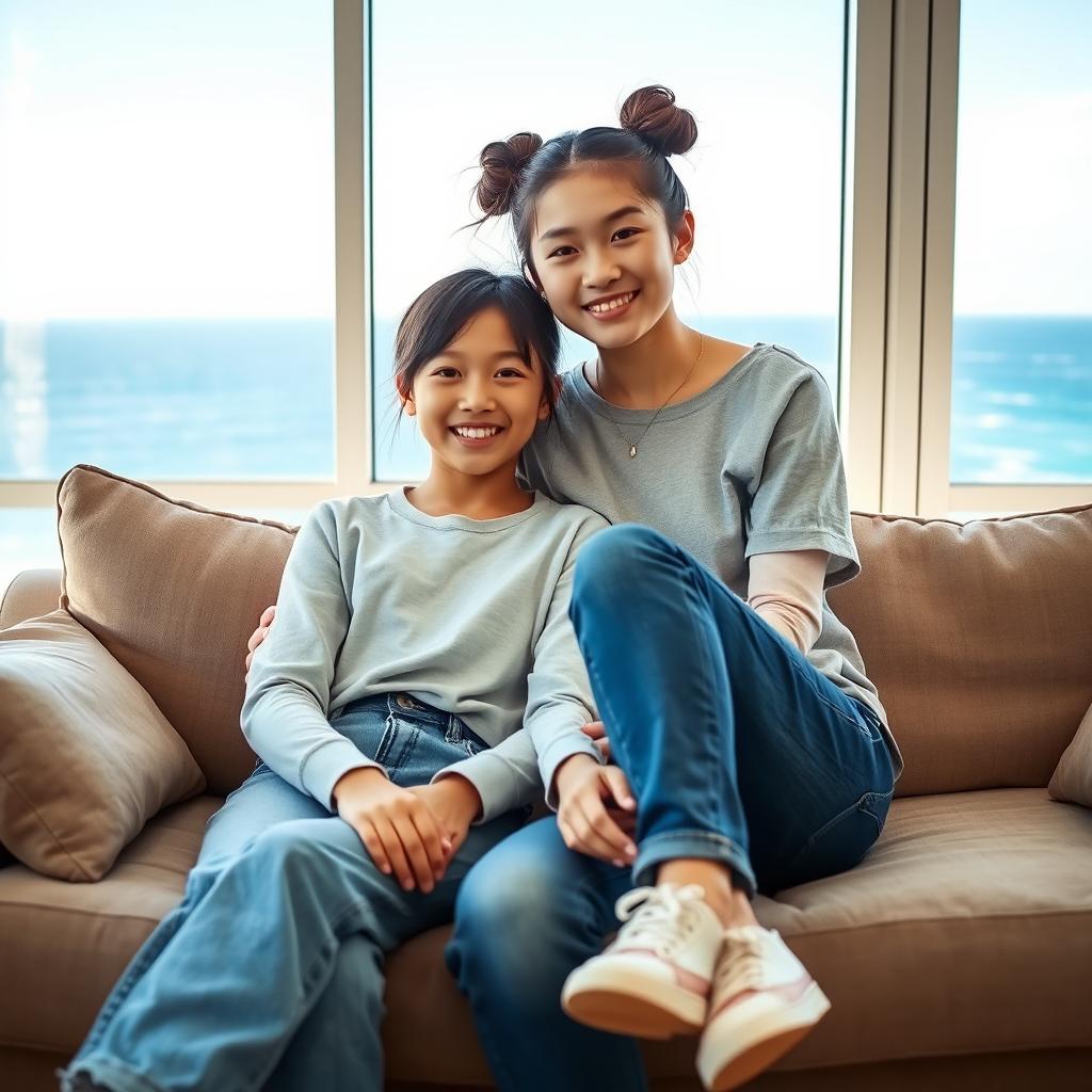 A beautiful Japanese woman, 20 years old, with messy buns hairstyle, sitting on a sofa with her younger brother who is 15 years old