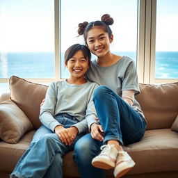 A beautiful Japanese woman, 20 years old, with messy buns hairstyle, sitting on a sofa with her younger brother who is 15 years old