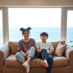 A beautiful Japanese woman, 20 years old, with messy buns hairstyle, sitting on a sofa with her younger brother who is 15 years old