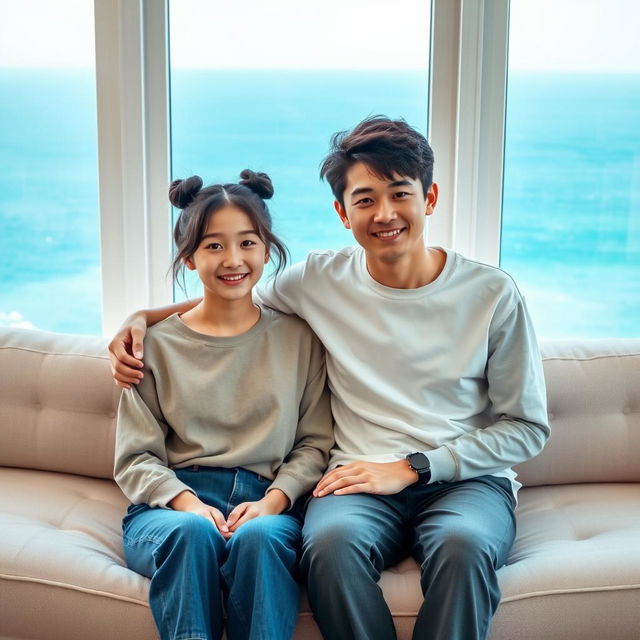 A beautiful Japanese woman, 20 years old, with messy buns hairstyle, sitting on a sofa with her younger brother who is 15 years old