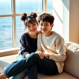 A beautiful Japanese woman, 20 years old, with messy buns hairstyle, sitting on a sofa with her younger brother who is 15 years old