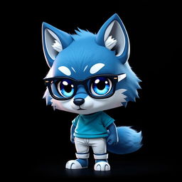 An ultra high-resolution image of a blue chibi wolf character standing solo against a solid black background