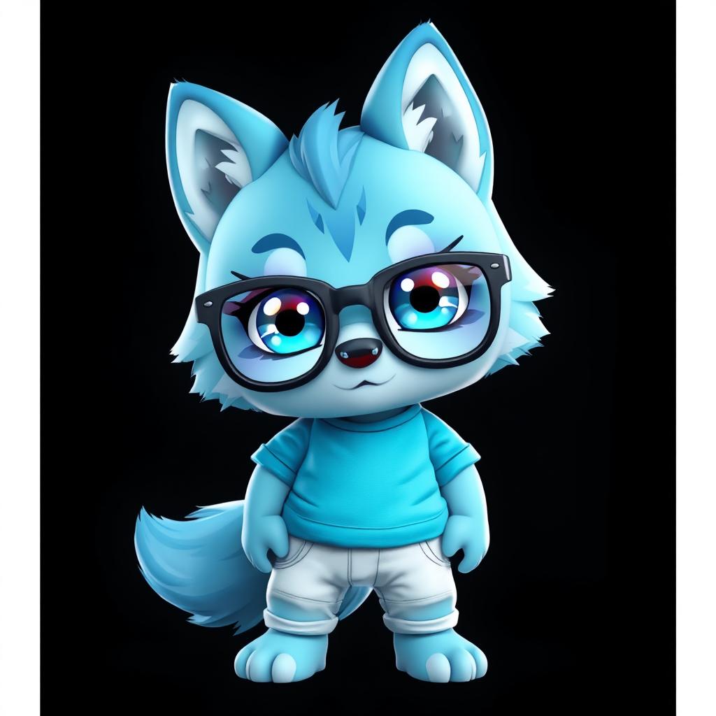 An ultra high-resolution image of a blue chibi wolf character standing solo against a solid black background