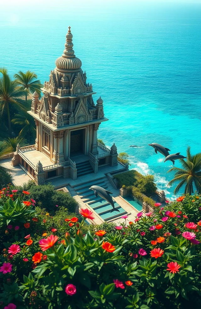 A serene temple surrounded by lush greenery and vibrant flowers, with a majestic view of the ocean in the background