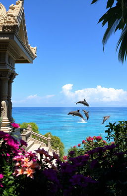 A serene temple surrounded by lush greenery and vibrant flowers, with a majestic view of the ocean in the background