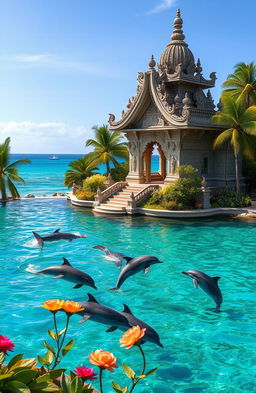 A serene temple surrounded by lush greenery and vibrant flowers, with a majestic view of the ocean in the background