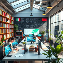 A visually appealing and modern office environment focused on designing and translation services