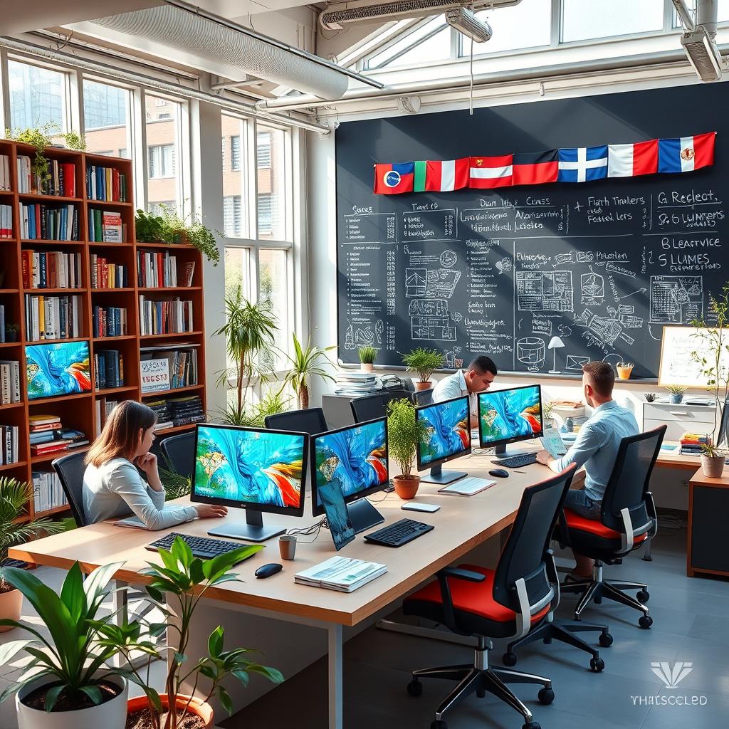 A visually appealing and modern office environment focused on designing and translation services
