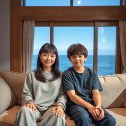 A beautiful Japanese woman, 20 years old, with straight bangs hairstyle, sitting on a sofa alongside her 15-year-old younger brother