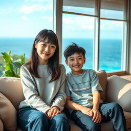 A beautiful Japanese woman, 20 years old, with straight bangs hairstyle, sitting on a sofa alongside her 15-year-old younger brother