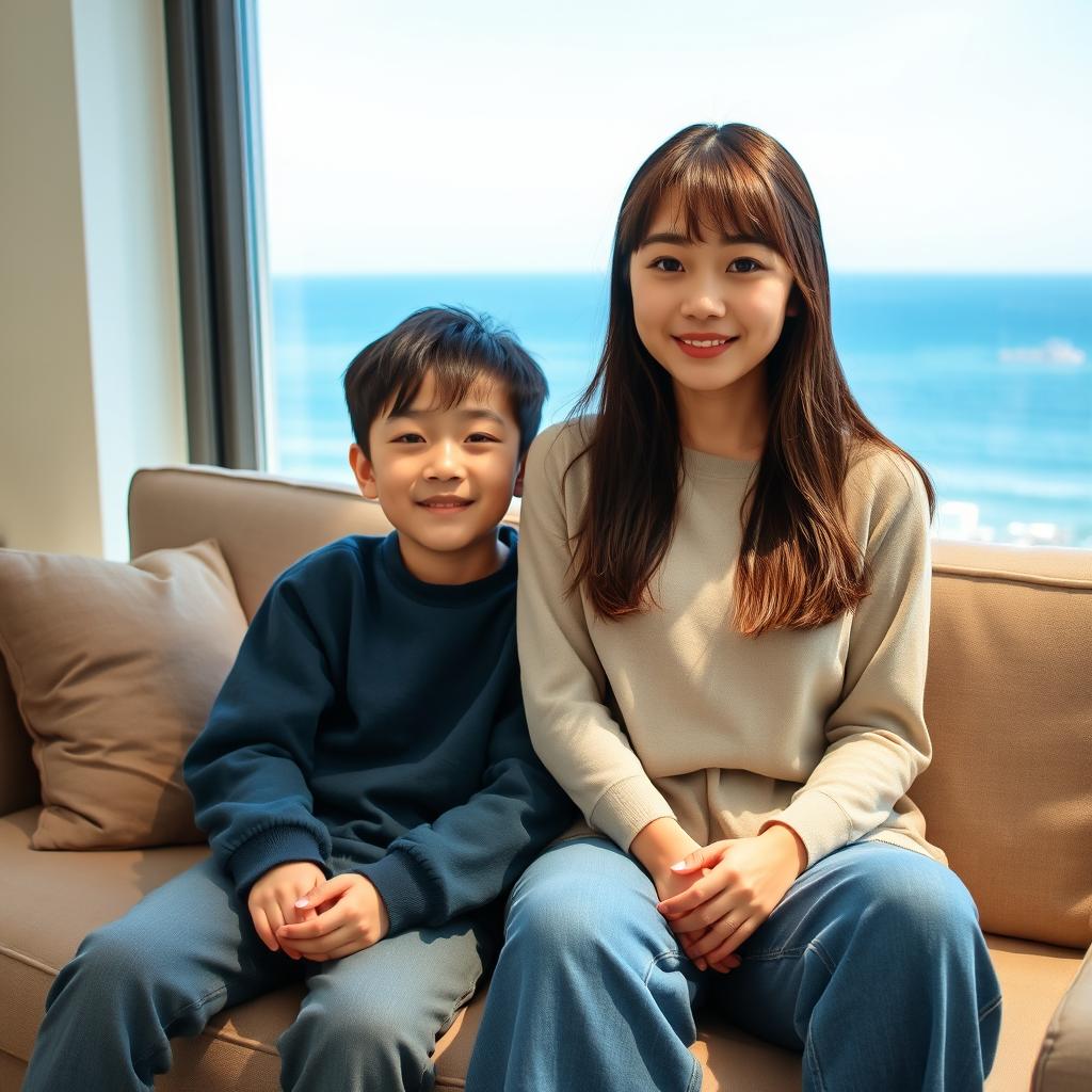 A beautiful Japanese woman, 20 years old, with straight bangs hairstyle, sitting on a sofa alongside her 15-year-old younger brother