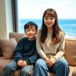 A beautiful Japanese woman, 20 years old, with straight bangs hairstyle, sitting on a sofa alongside her 15-year-old younger brother