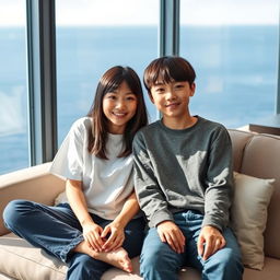 A beautiful Japanese woman, 20 years old, with straight bangs hairstyle, sitting on a sofa alongside her 15-year-old younger brother
