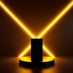 A small black podium illuminated with vibrant yellow neon lights, creating a striking contrast between the dark surface of the podium and the bright, glowing lines of neon