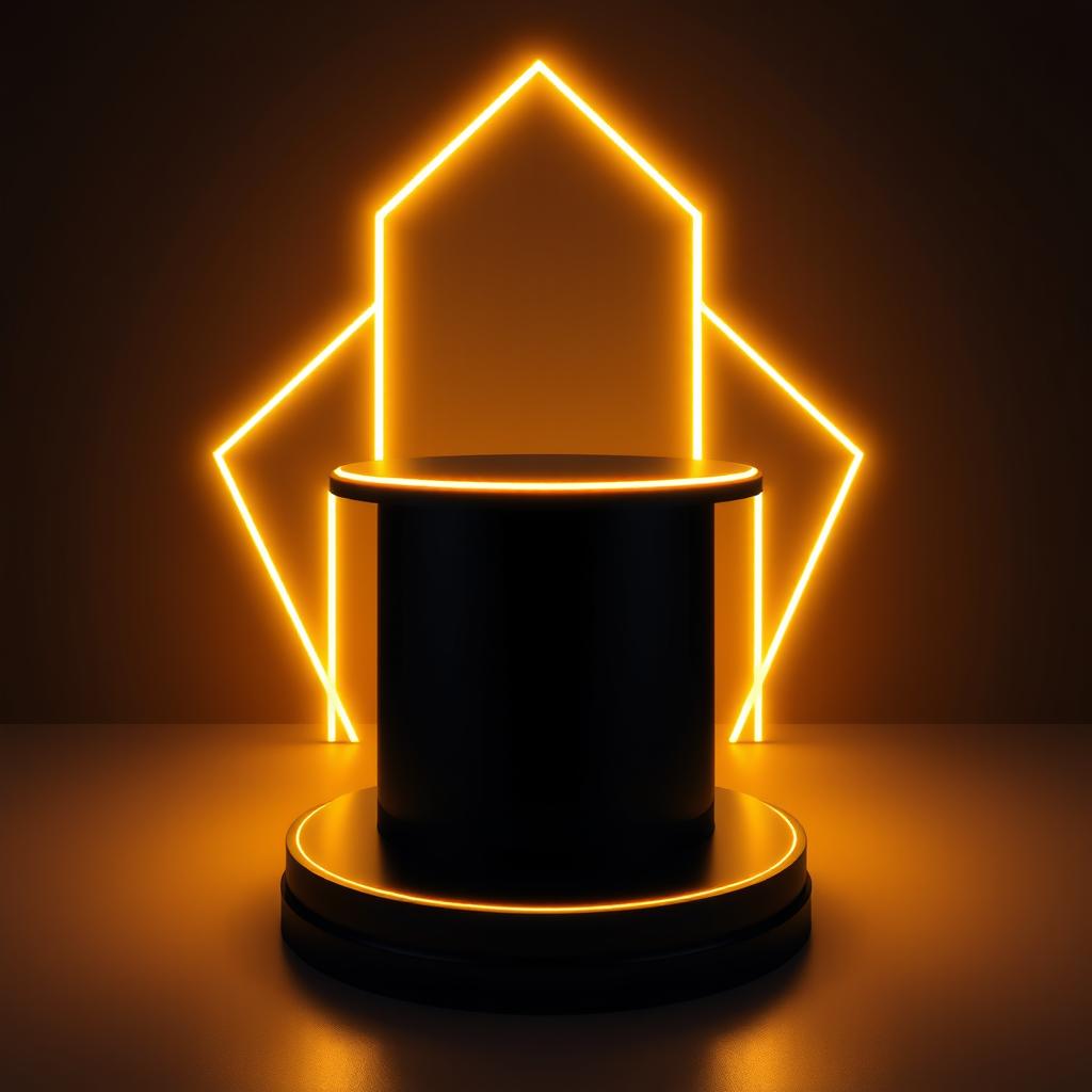 A small black podium illuminated with vibrant yellow neon lights, creating a striking contrast between the dark surface of the podium and the bright, glowing lines of neon