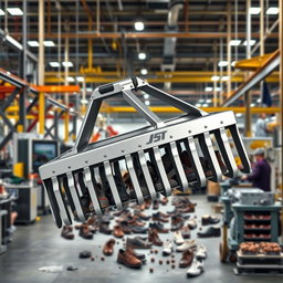 A large industrial shoe rake specifically designed for a factory setting, showcasing its robust construction and heavy-duty functionality