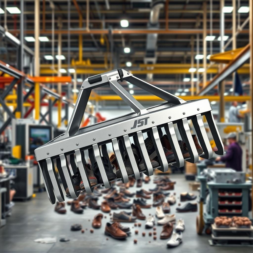 A large industrial shoe rake specifically designed for a factory setting, showcasing its robust construction and heavy-duty functionality