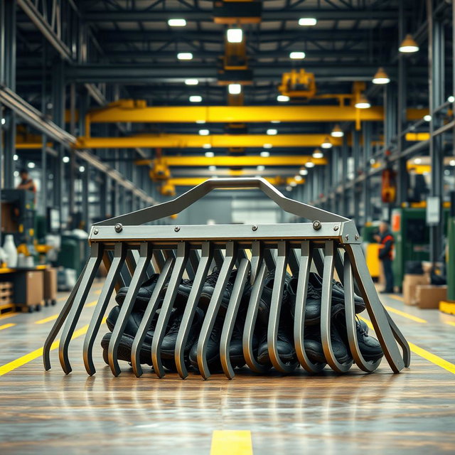 A large industrial shoe rake specifically designed for a factory setting, showcasing its robust construction and heavy-duty functionality
