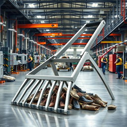 A large industrial shoe rake specifically designed for a factory setting, showcasing its robust construction and heavy-duty functionality