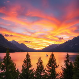 A serene landscape of a tranquil lake surrounded by majestic mountains during sunset, with the sky ablaze in vibrant colors of orange, pink, and purple