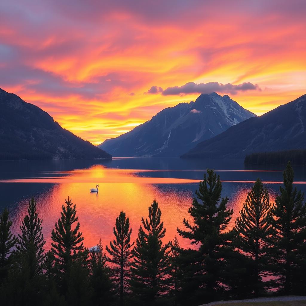 A serene landscape of a tranquil lake surrounded by majestic mountains during sunset, with the sky ablaze in vibrant colors of orange, pink, and purple