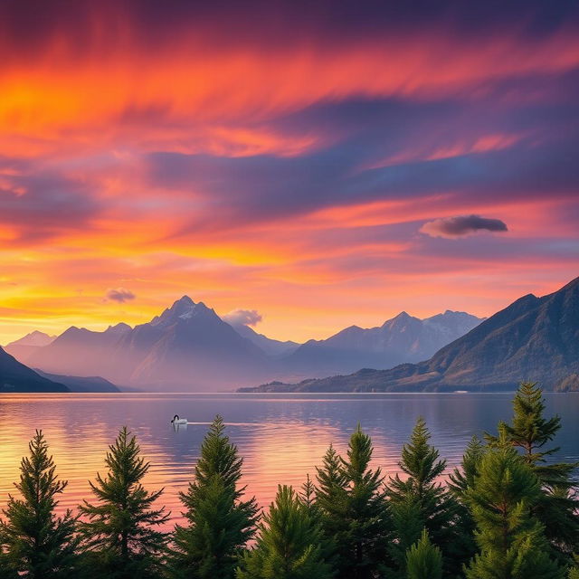 A serene landscape of a tranquil lake surrounded by majestic mountains during sunset, with the sky ablaze in vibrant colors of orange, pink, and purple