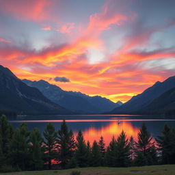 A serene landscape of a tranquil lake surrounded by majestic mountains during sunset, with the sky ablaze in vibrant colors of orange, pink, and purple