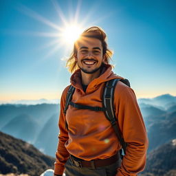 A beautifully edited portrait of a confident person standing on a scenic mountain peak during sunrise