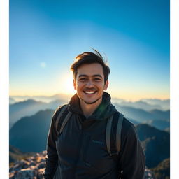 A beautifully edited portrait of a confident person standing on a scenic mountain peak during sunrise