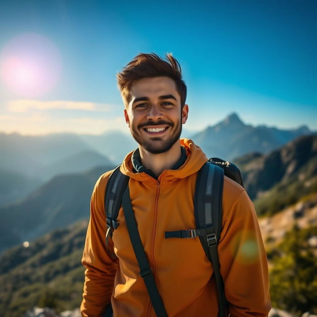 A beautifully edited portrait of a confident person standing on a scenic mountain peak during sunrise