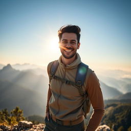 A beautifully edited portrait of a confident person standing on a scenic mountain peak during sunrise