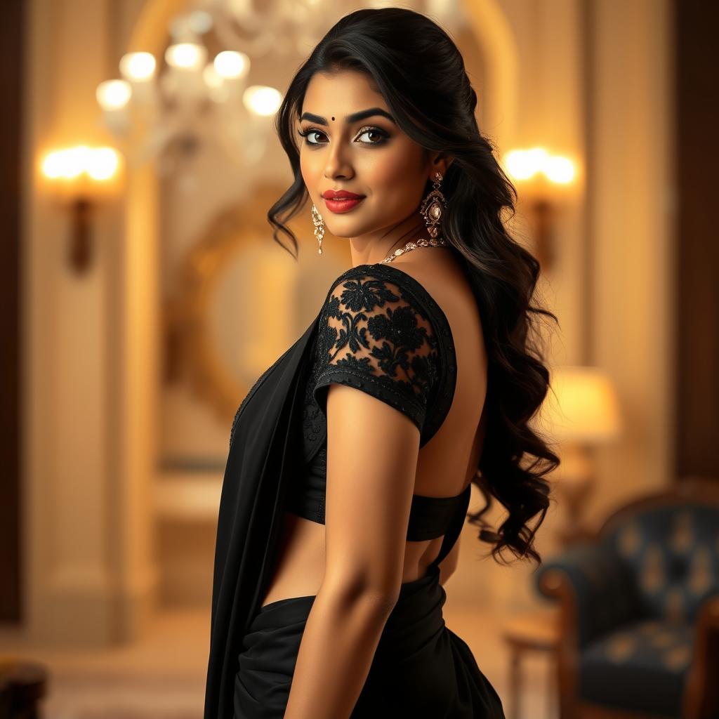 A glamorous portrait of Rashmika Mandanna wearing an elegant black saree that hugs her curves, showcasing intricate detailing and sophisticated draping