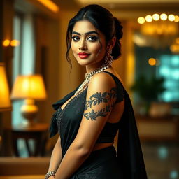 A glamorous portrait of Rashmika Mandanna wearing an elegant black saree that hugs her curves, showcasing intricate detailing and sophisticated draping