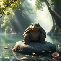 A wise old turtle named Lao Shu, characterized by a large, textured shell and a gentle expression