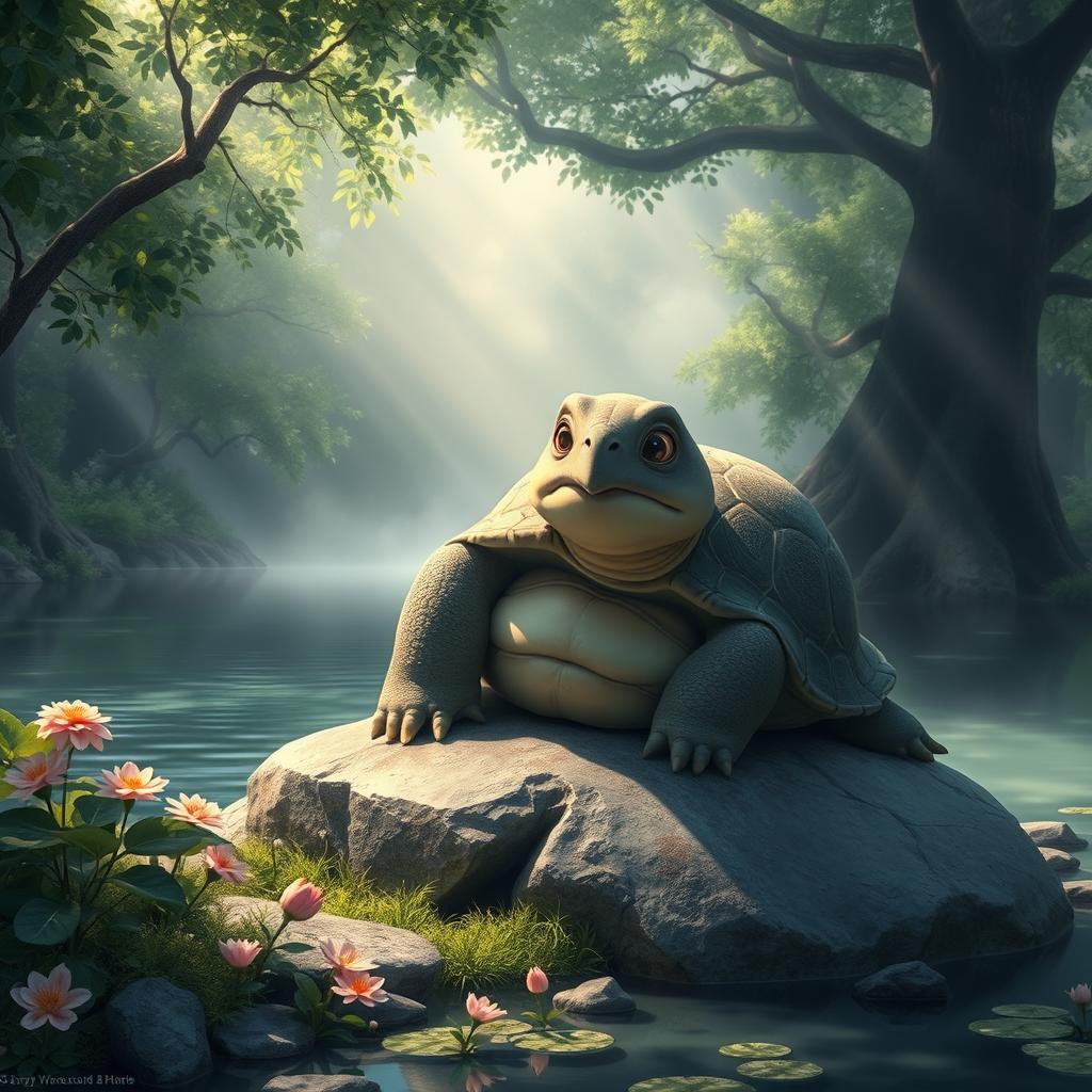 A wise old turtle named Lao Shu, characterized by a large, textured shell and a gentle expression