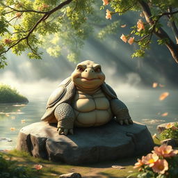 A wise old turtle named Lao Shu, characterized by a large, textured shell and a gentle expression