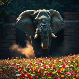 A ferocious elephant breaking through a brick wall, bursting out of a dark jungle and into a beautifully lit flowery field