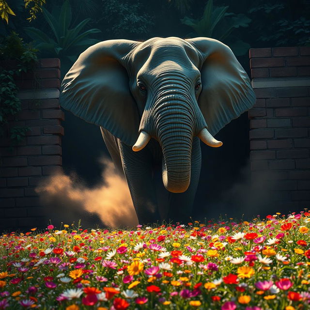 A ferocious elephant breaking through a brick wall, bursting out of a dark jungle and into a beautifully lit flowery field